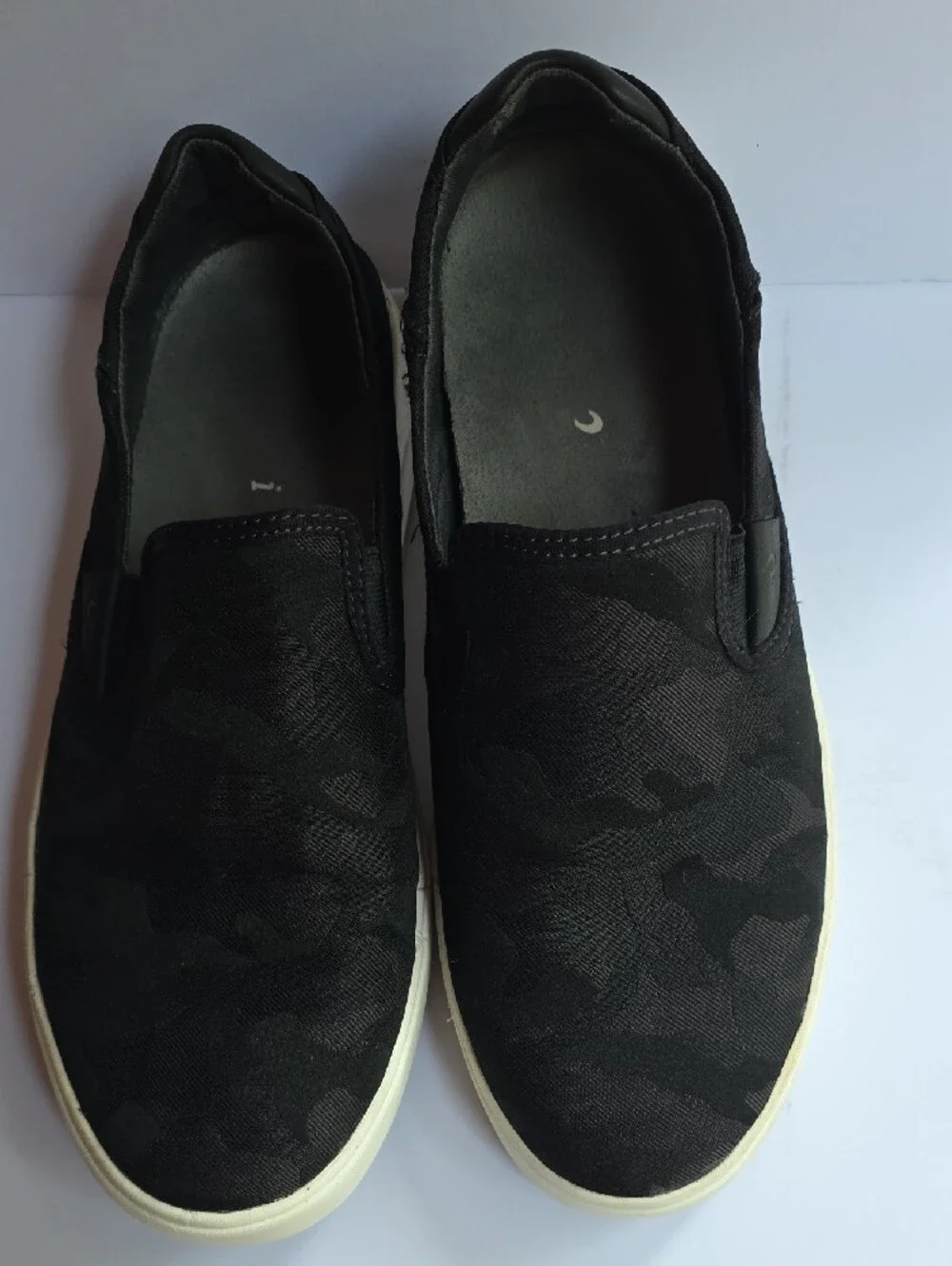 OluKai Black Slip-On Canvas Loafers with White Sole